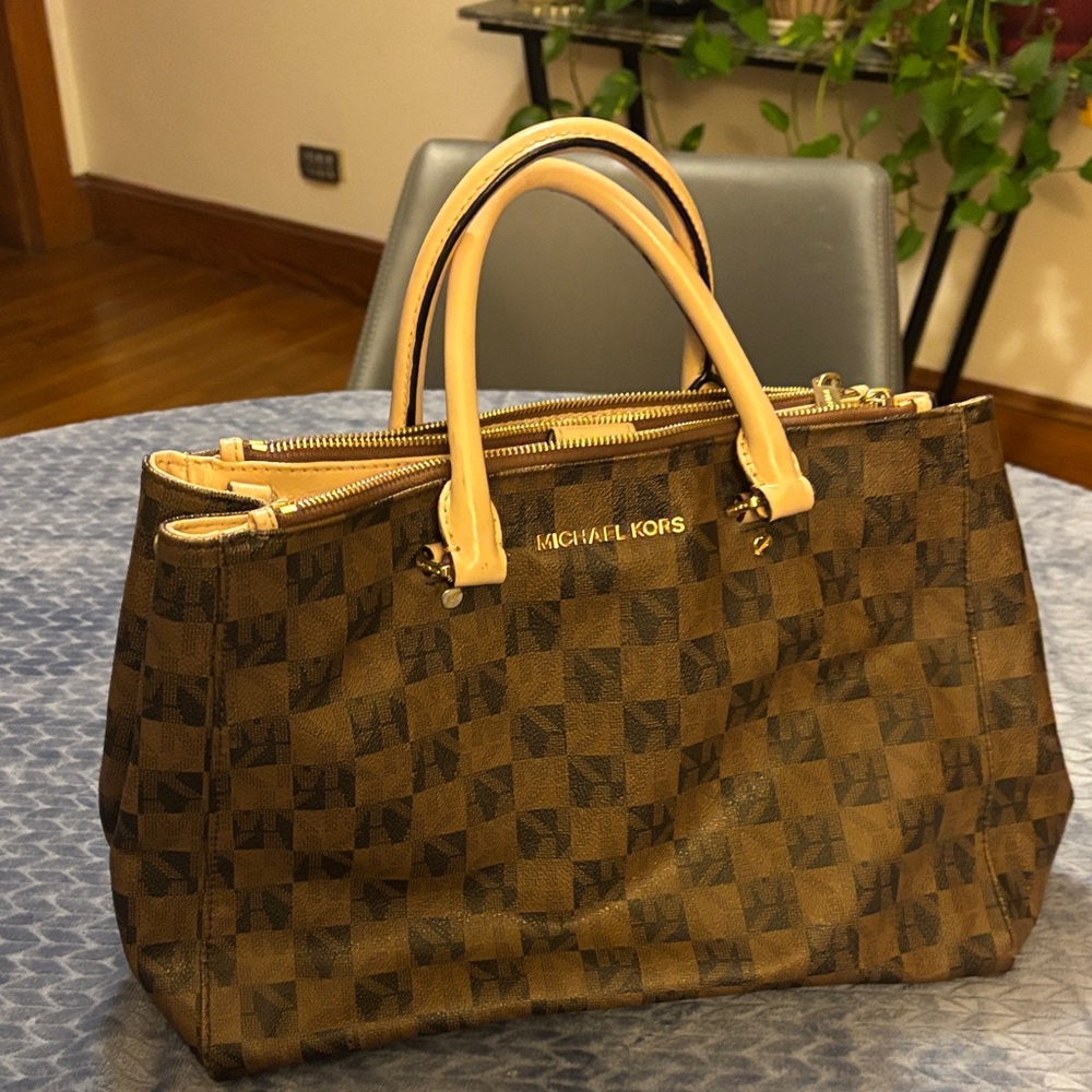 Michael Kors Tan and Brown Checkered Satchel